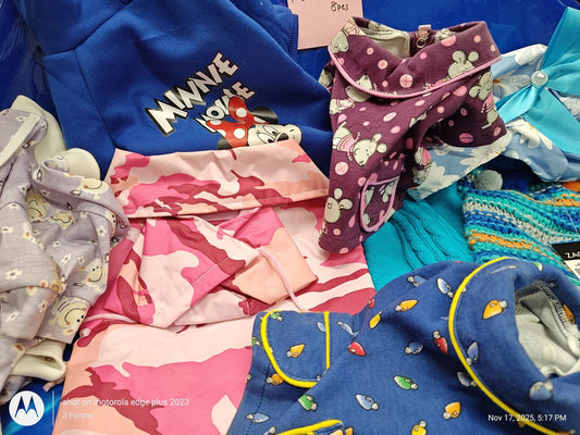 Minnie Mouse dog clothes collection featuring colorful patterns and designs.