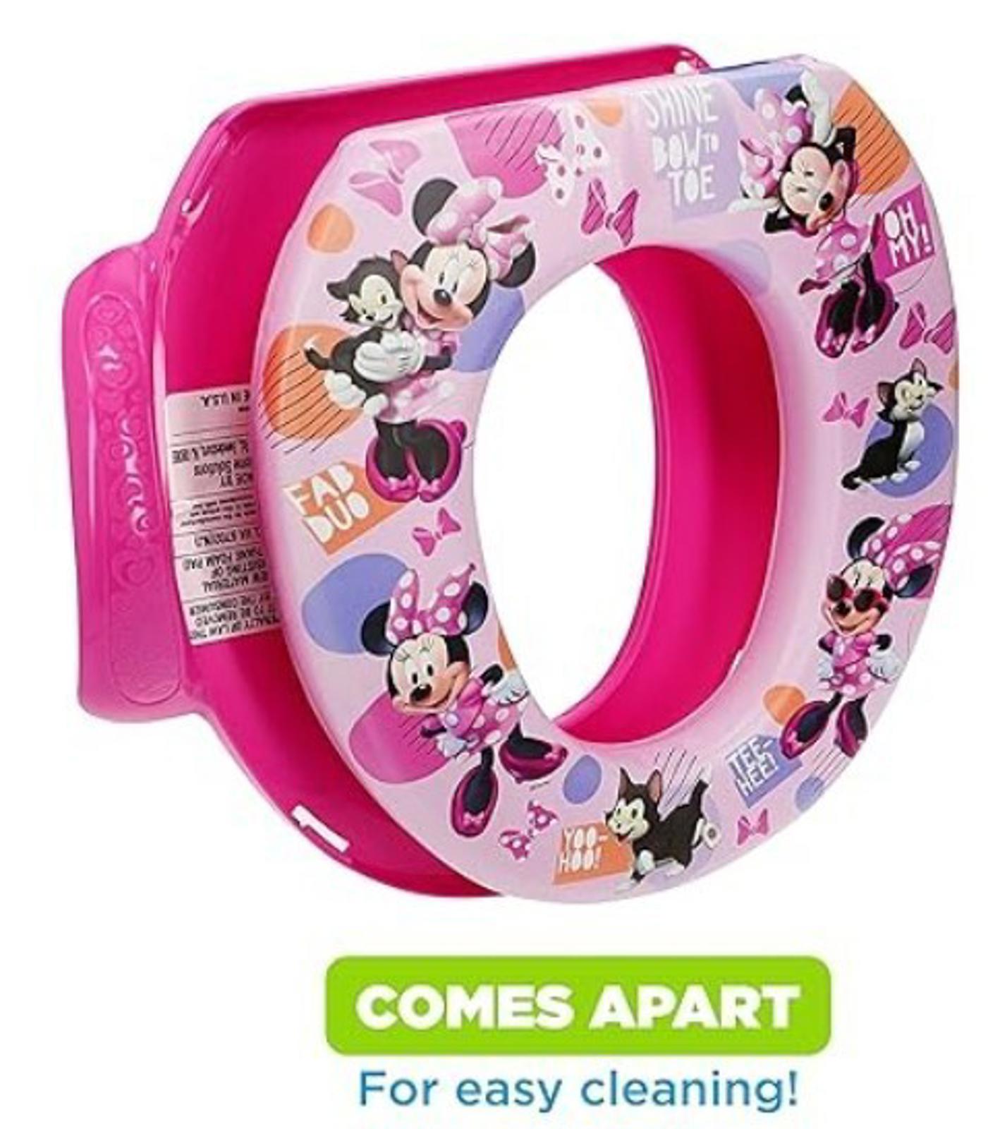 Minnie Mouse potty training seat featuring colorful designs and easy-clean feature.