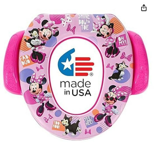 Minnie Mouse potty training seat featuring colorful designs and made in USA.