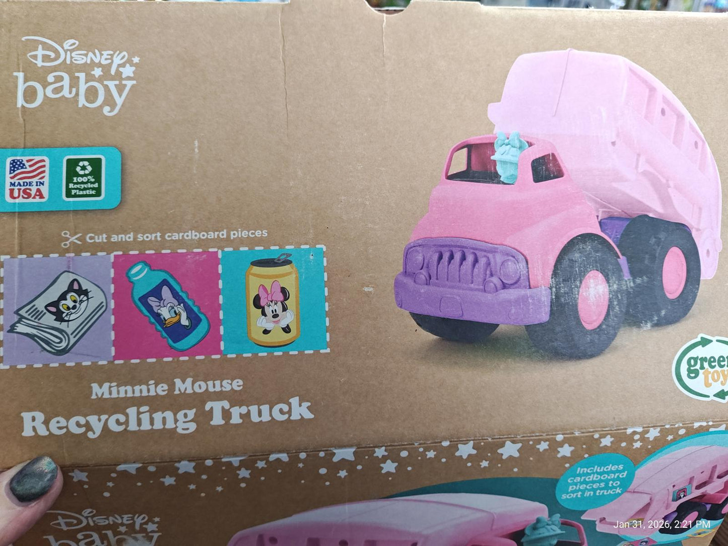 Minnie Mouse Recycling Truck features a pink design with a removable top for kids.