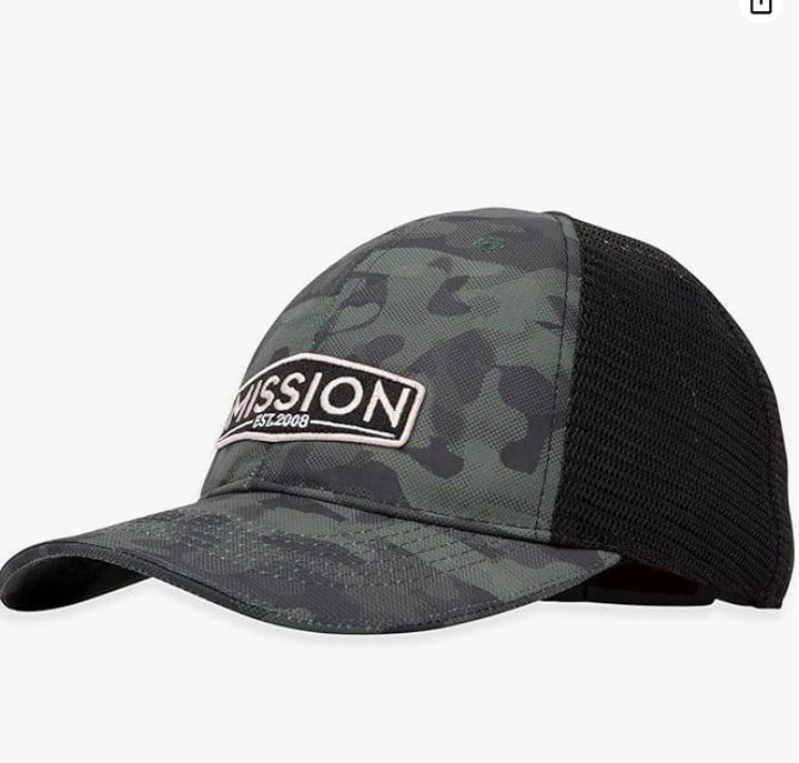 Mission camouflage cap featuring a black mesh back and embroidered logo.