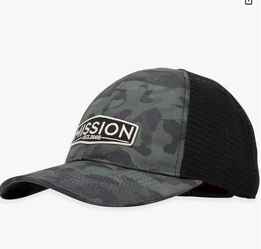 Mission camouflage cap featuring a black mesh back and embroidered logo.
