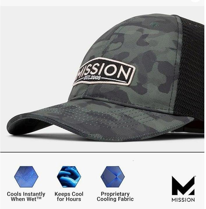 Mission cooling cap with camouflage design and proprietary cooling fabric.