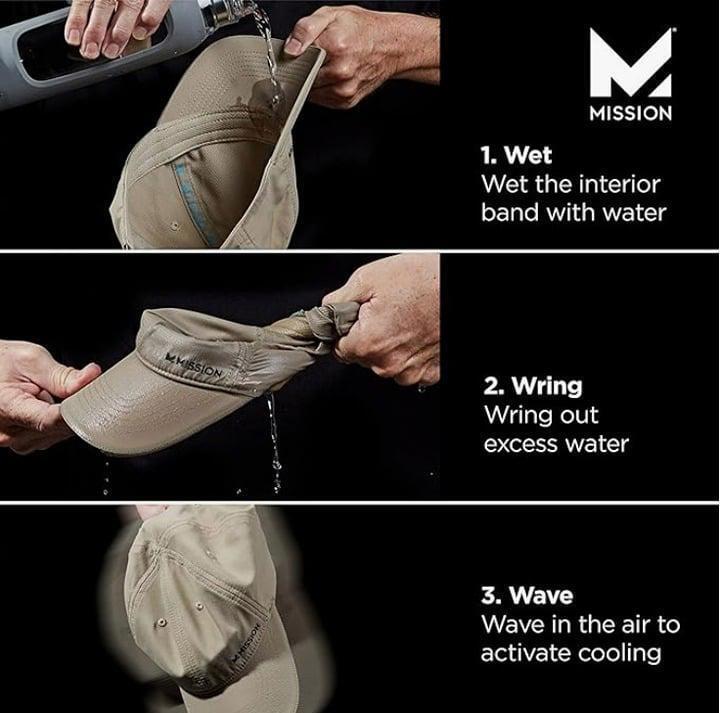 Mission cooling cap instructions showing wetting, wringing, and waving for cooling effect.