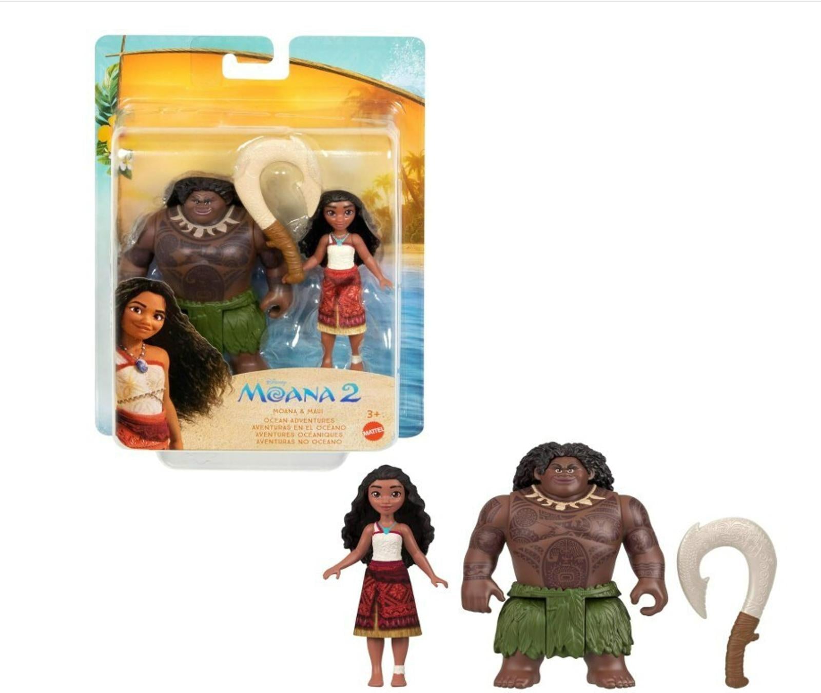 Moana 2 action figures featuring Moana and Maui in packaging with accessories.