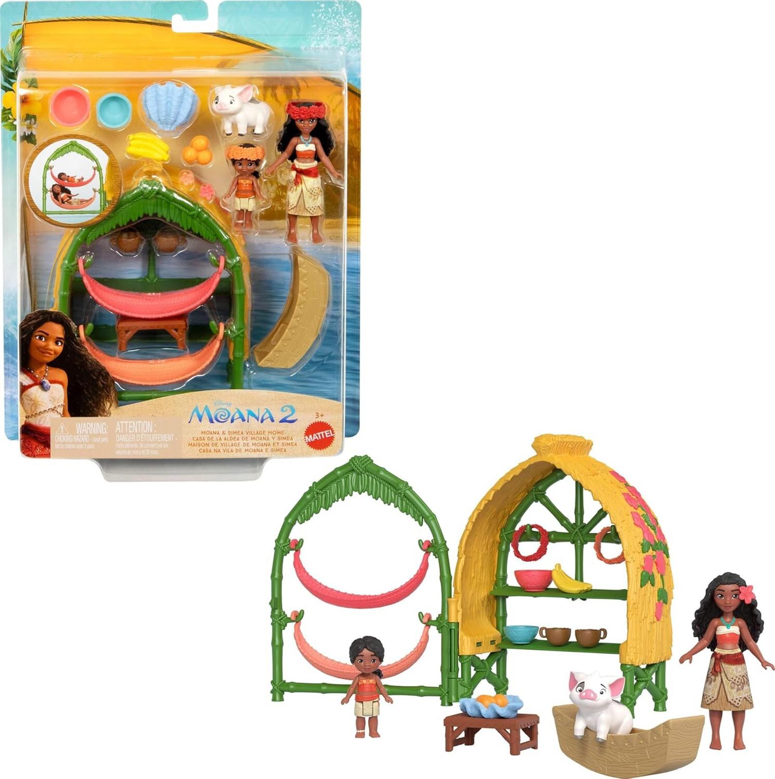 Moana 2 playset featuring Moana doll, accessories, and a colorful hut with a hammock.