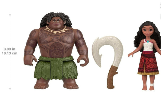 Moana action figures featuring Moana and Maui with accessories, vibrant colors and detailed designs.