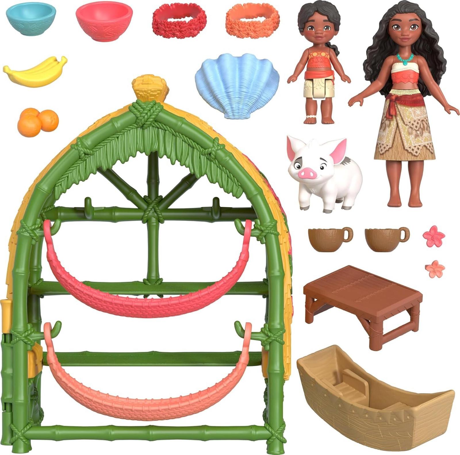 Moana Adventure Playset featuring Moana and Maui figures, accessories, and a hammock.