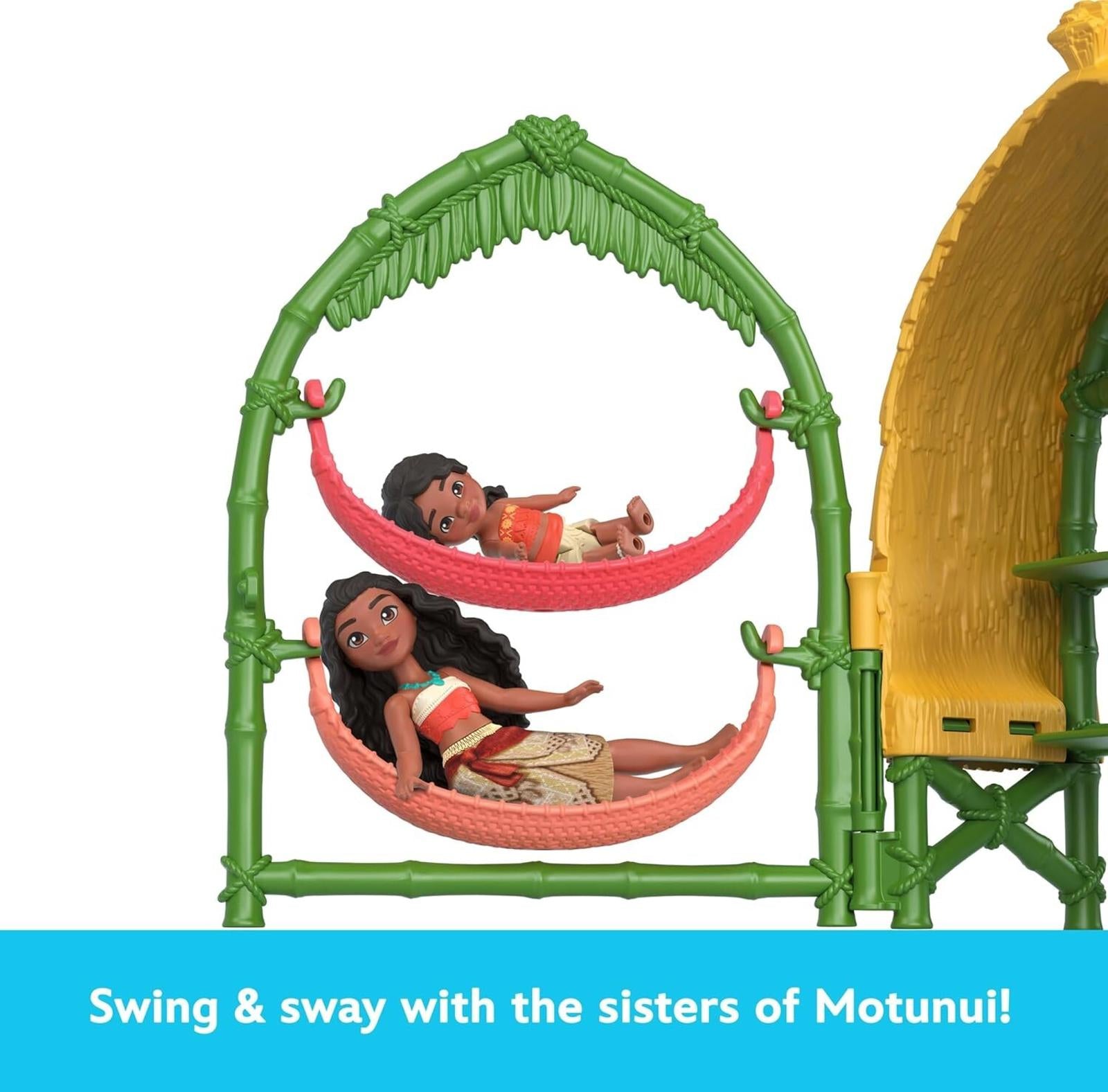 Moana Sisters Doll Set featuring two dolls in colorful hammocks, inspired by Motunui.