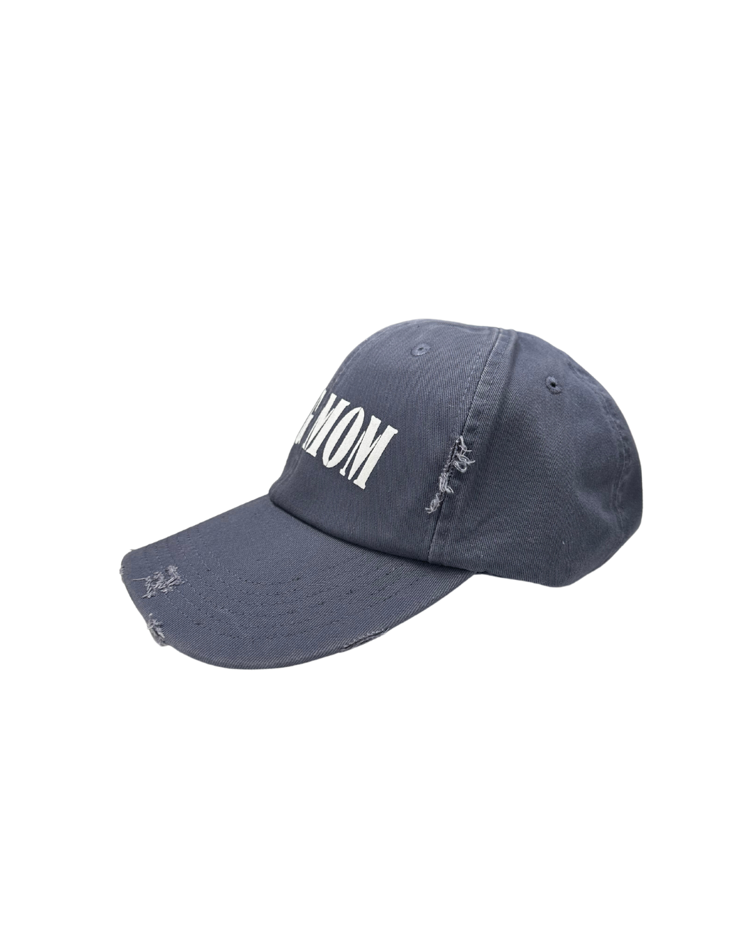 Mom cap in navy blue with distressed details and white lettering.