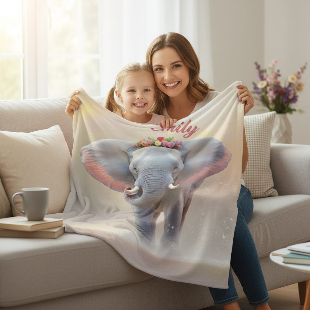 Personalized Elephant Blanket with Name | Floral Crown Design | Custom Gift for Girls, Women & Elephant Lovers