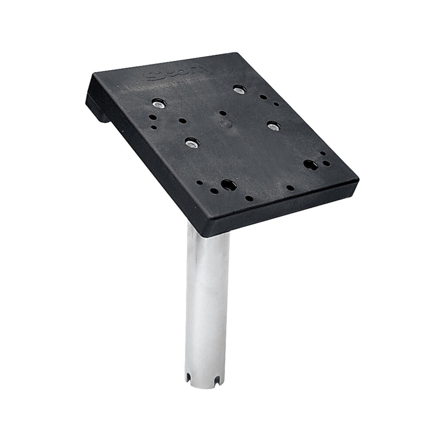 Mounting plate for secure installation, featuring a sturdy black base and silver pole.