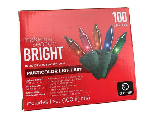 Multicolor light set with 100 lights for indoor and outdoor use, featuring vibrant colors.