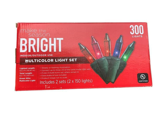 Multicolor light set featuring 300 lights for indoor and outdoor use, perfect for festive decorations.