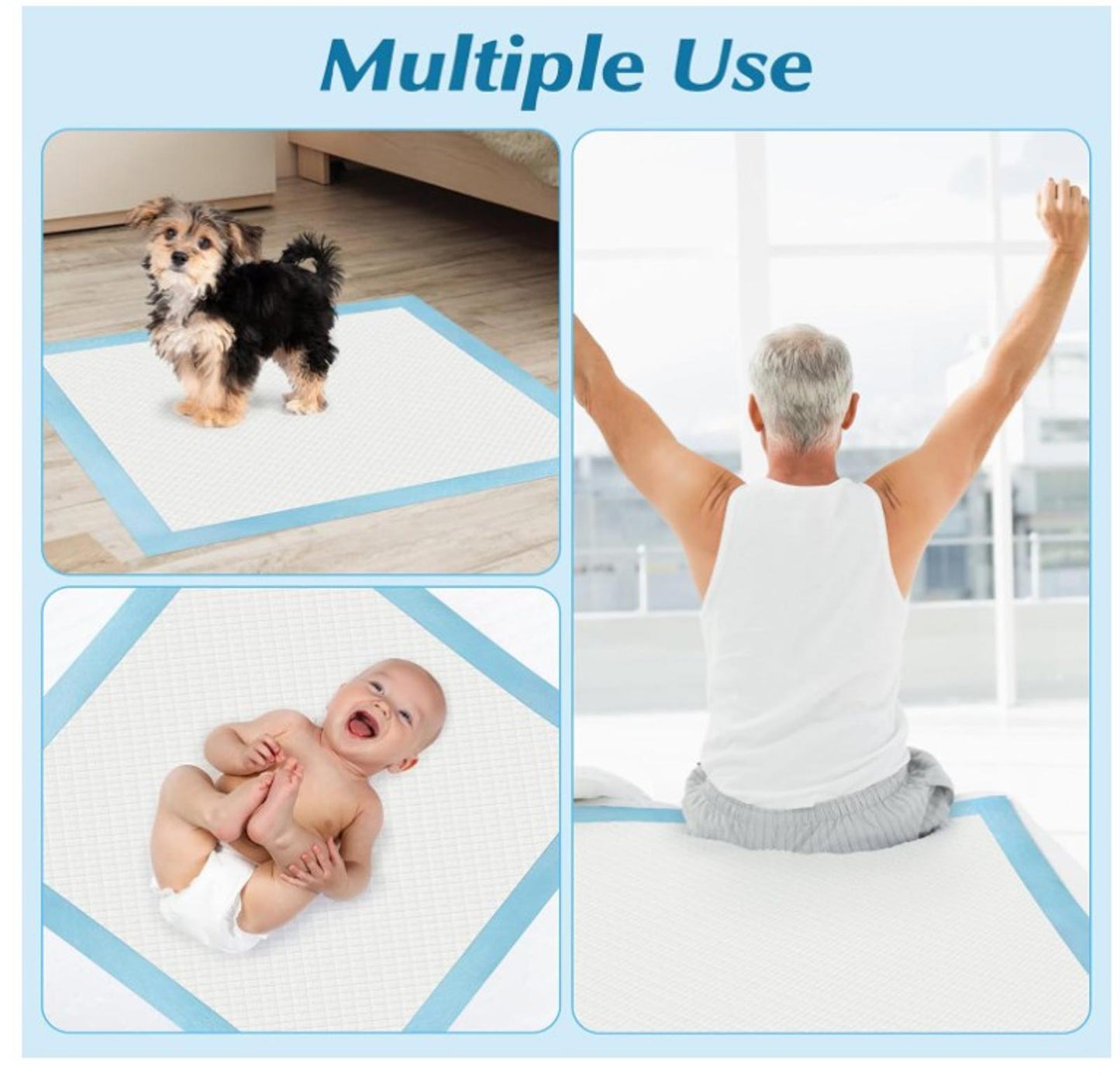 Multiple Use mat for pets, babies, and yoga. Versatile design with blue trim for various activities.