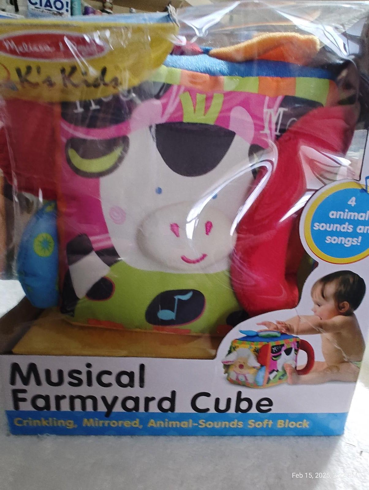 Musical Farmyard Cube featuring colorful animal designs and crinkling sounds for infants.