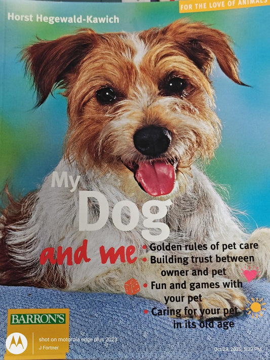 My Dog and Me book cover featuring a happy dog, highlighting pet care tips and activities.