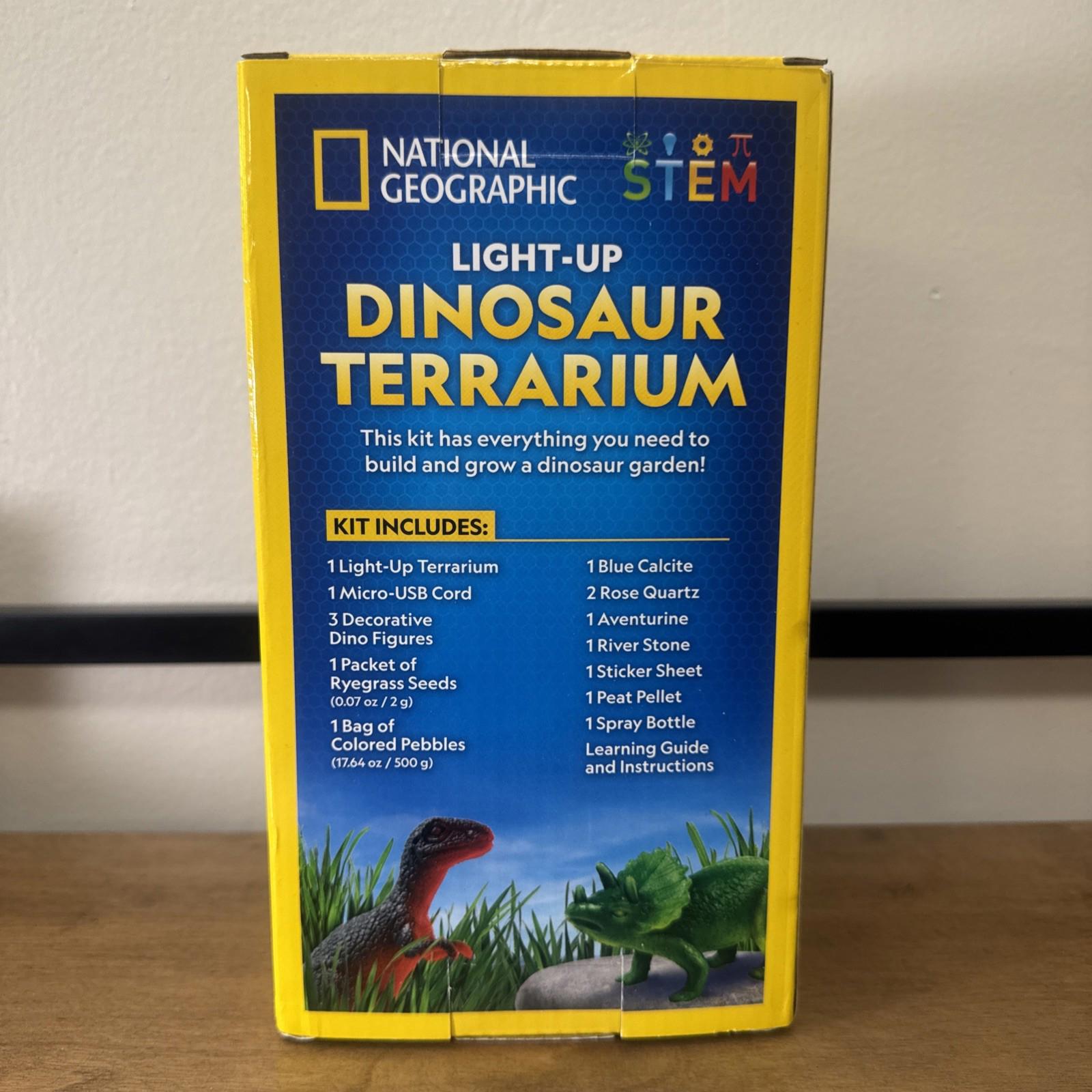 National Geographic Light-Up Dinosaur Terrarium kit includes everything to build a dinosaur garden.