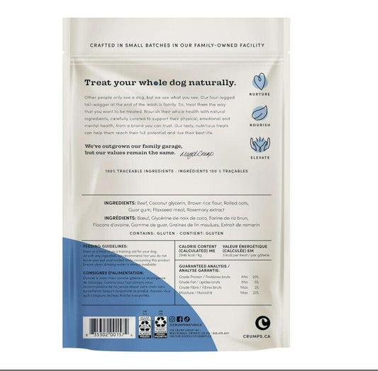 Natural dog treats packaging featuring ingredients and nutritional information.