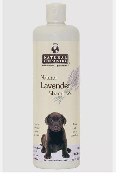 Natural Lavender Shampoo for dogs, featuring a lavender scent and a friendly dog on the label.