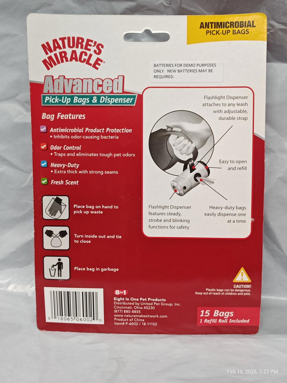 Nature's Miracle Advanced pick-up bags and dispenser with antimicrobial protection and odor control features.