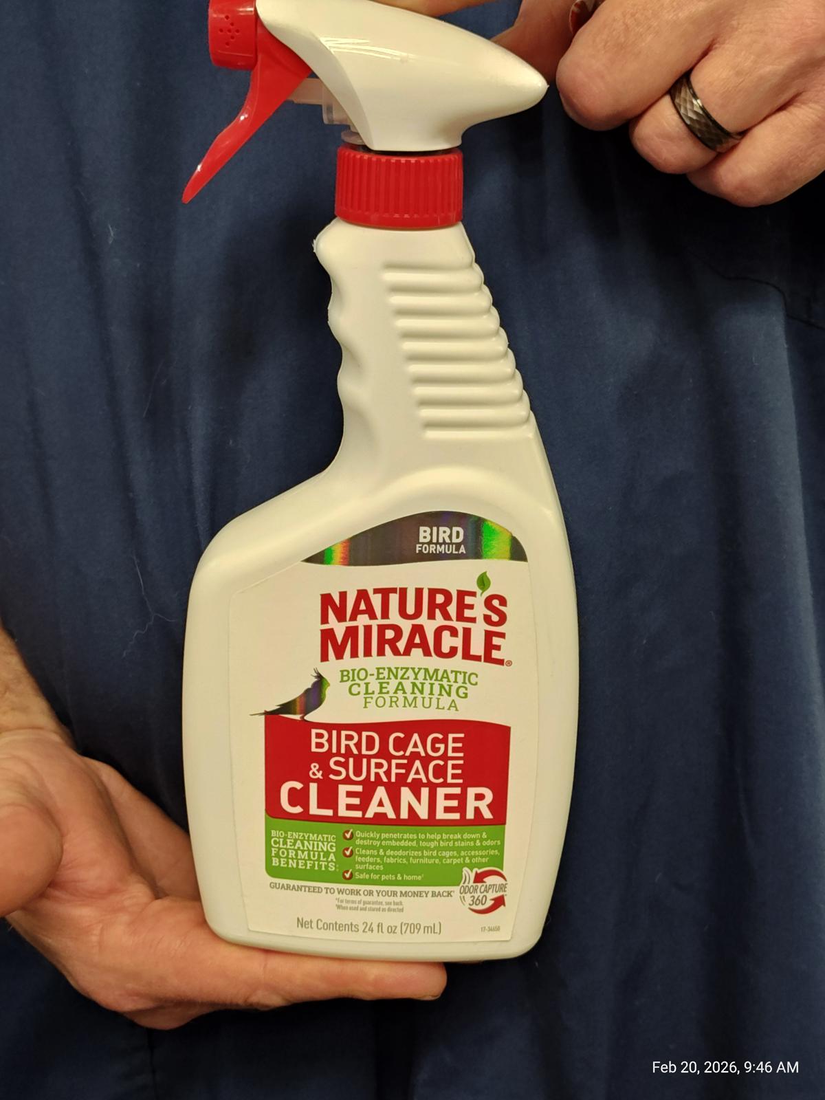 Nature's Miracle Bird Cage & Surface Cleaner in a spray bottle, designed for effective cleaning.