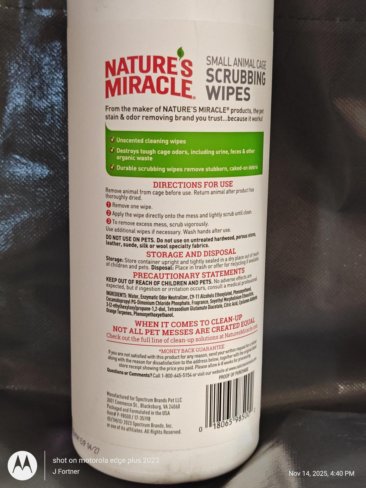 Nature's Miracle scrubbing wipes for effective cleaning of small animal messes.