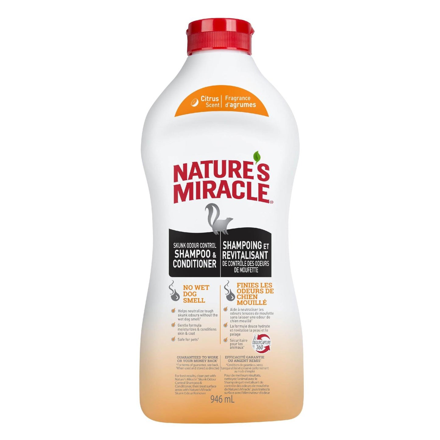 Nature's Miracle shampoo and conditioner bottle with a red cap, designed for pet grooming.