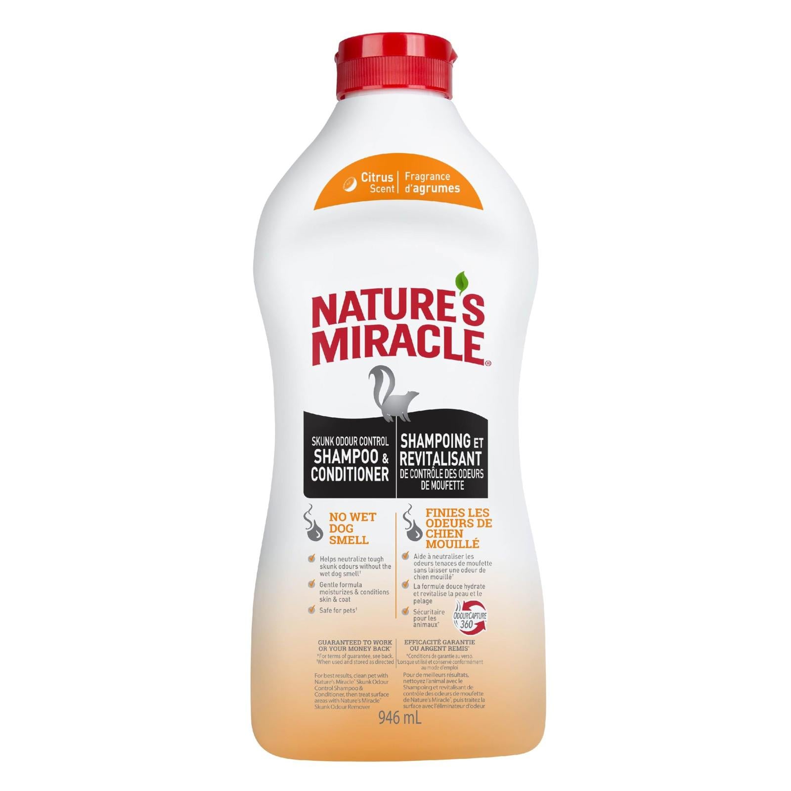 Nature's Miracle shampoo and conditioner bottle with a red cap, designed for pet grooming.