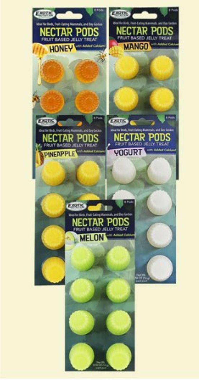 Nectar Pods featuring honey, mango, pineapple, melon, and yogurt flavors in colorful packaging.