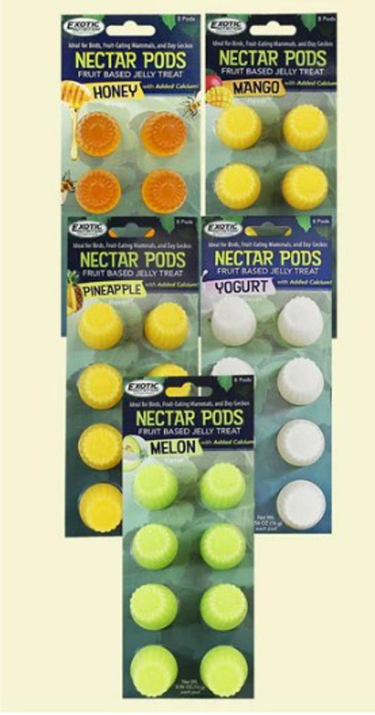 Nectar Pods featuring honey, mango, pineapple, melon, and yogurt flavors in colorful packaging.