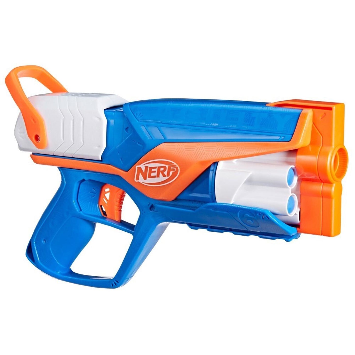 NERF blaster featuring a blue and orange design with three dart chambers.