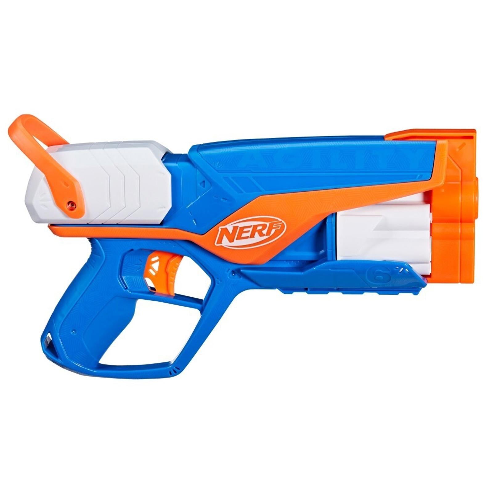 NERF blaster in blue and orange with a sleek design and multiple dart chambers.
