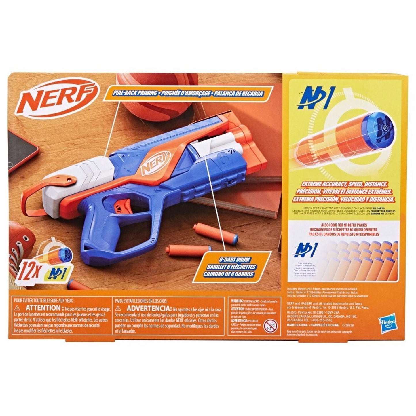 Nerf blaster with orange and blue design, includes 12 darts for fun shooting.