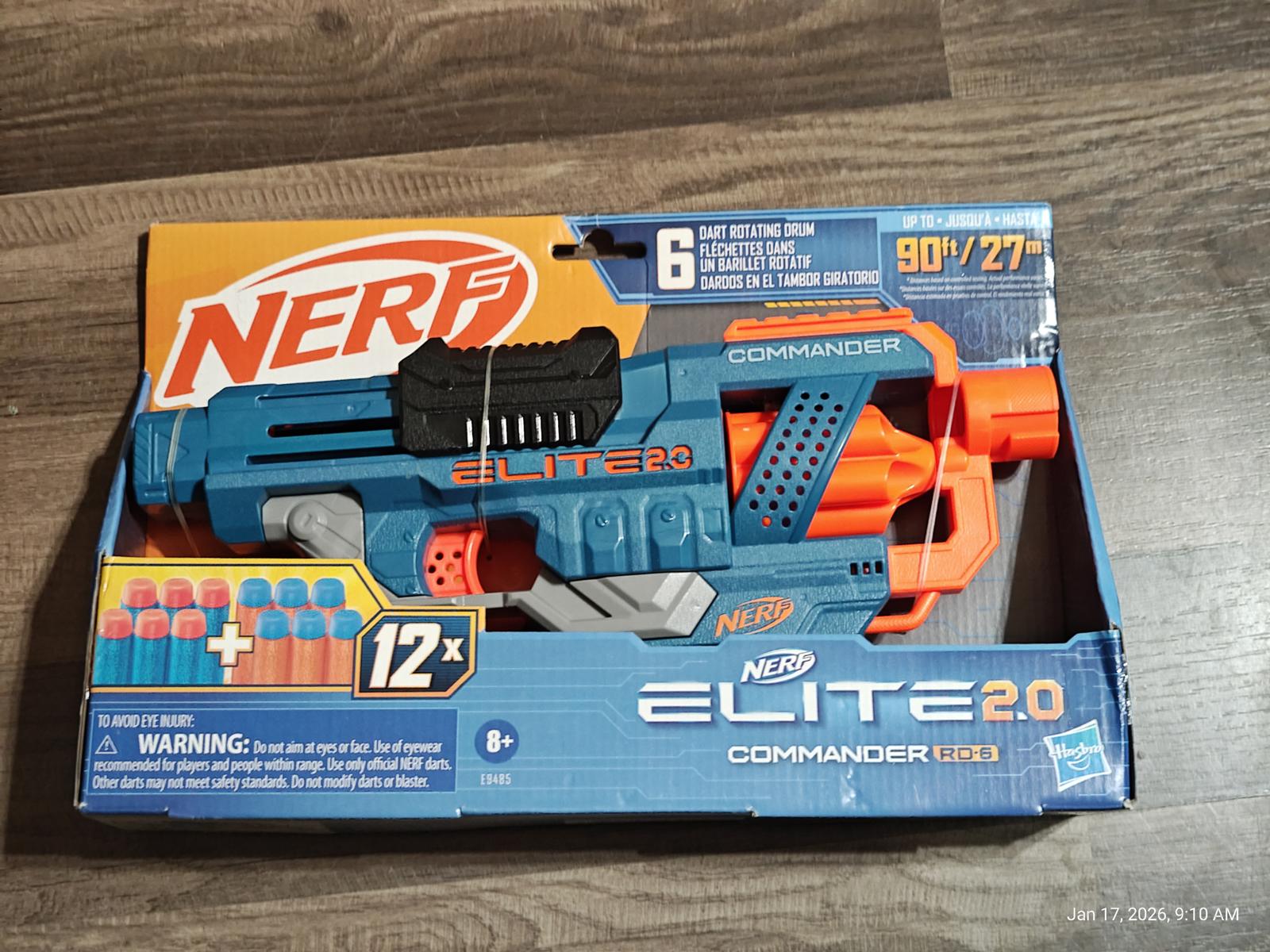 NERF Elite 2.0 Commander GS-1 blaster in packaging with darts included.