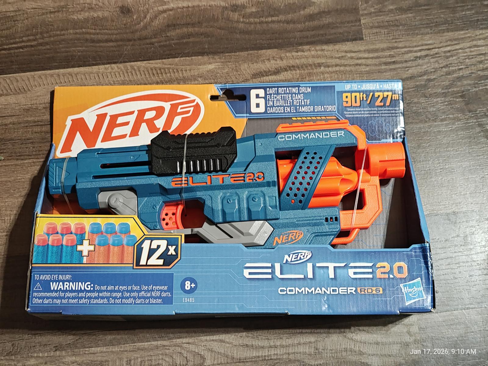NERF Elite 2.0 Commander USB blaster in packaging with darts included.