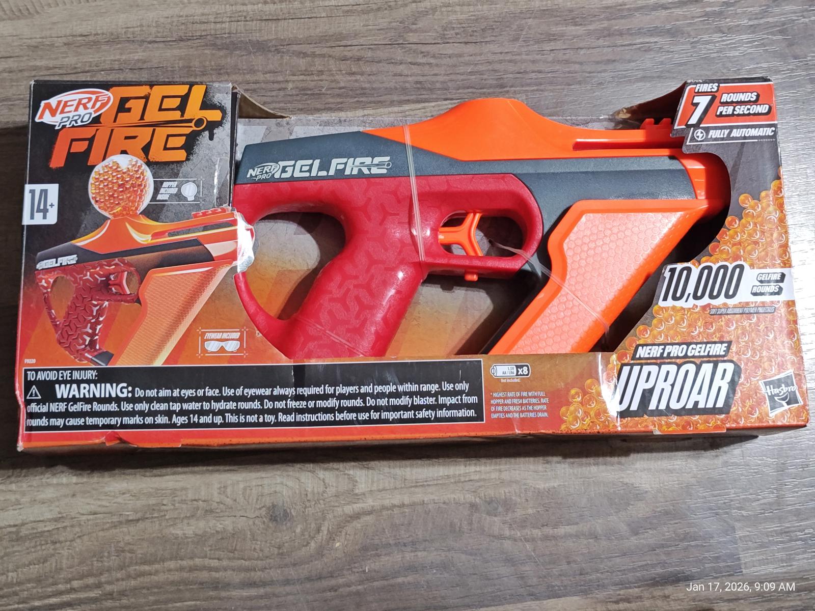 Nerf Gel Fire blaster with red and orange design, featuring 10,000 gel balls for fun play.