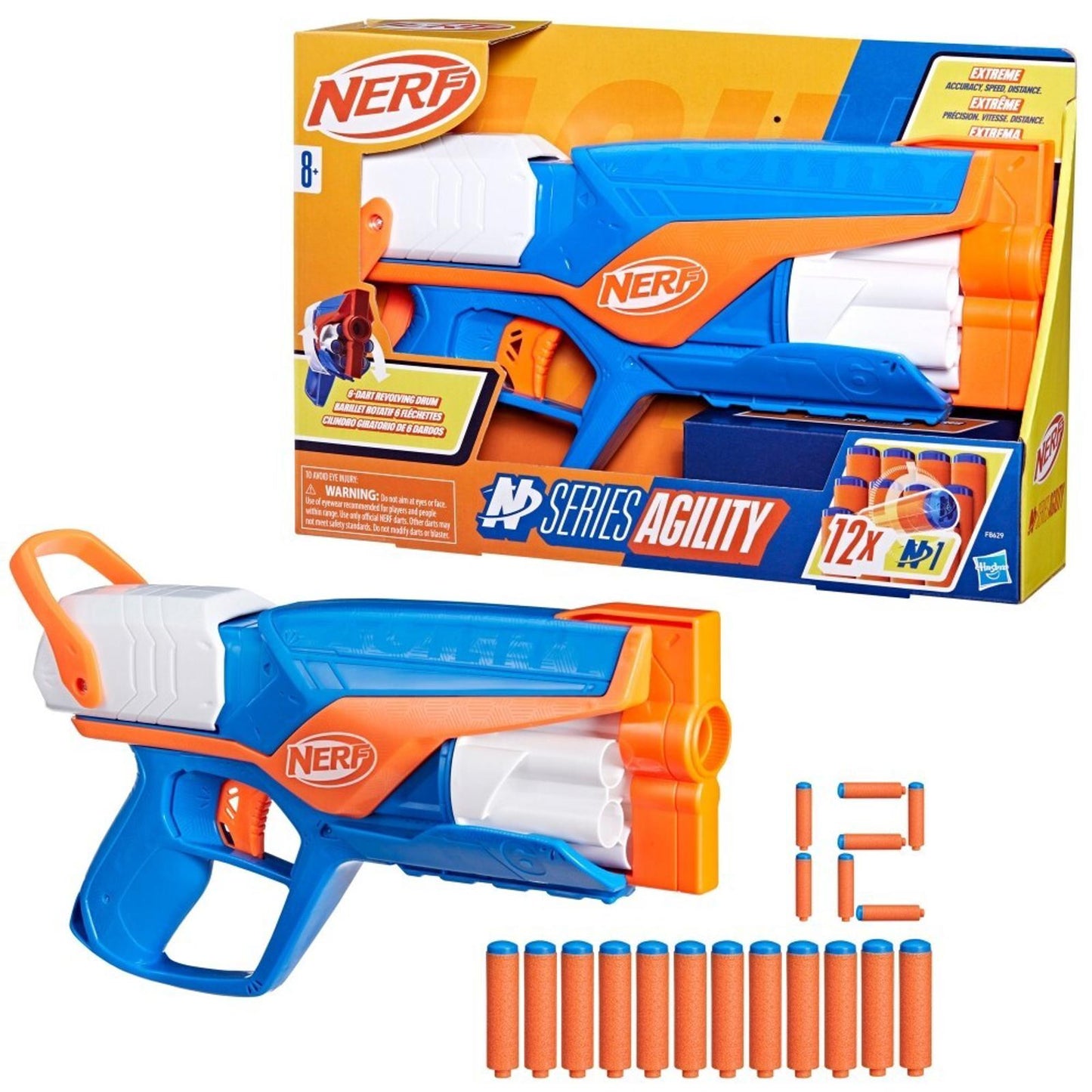 NERF Series Agility blaster in blue and orange with darts displayed.