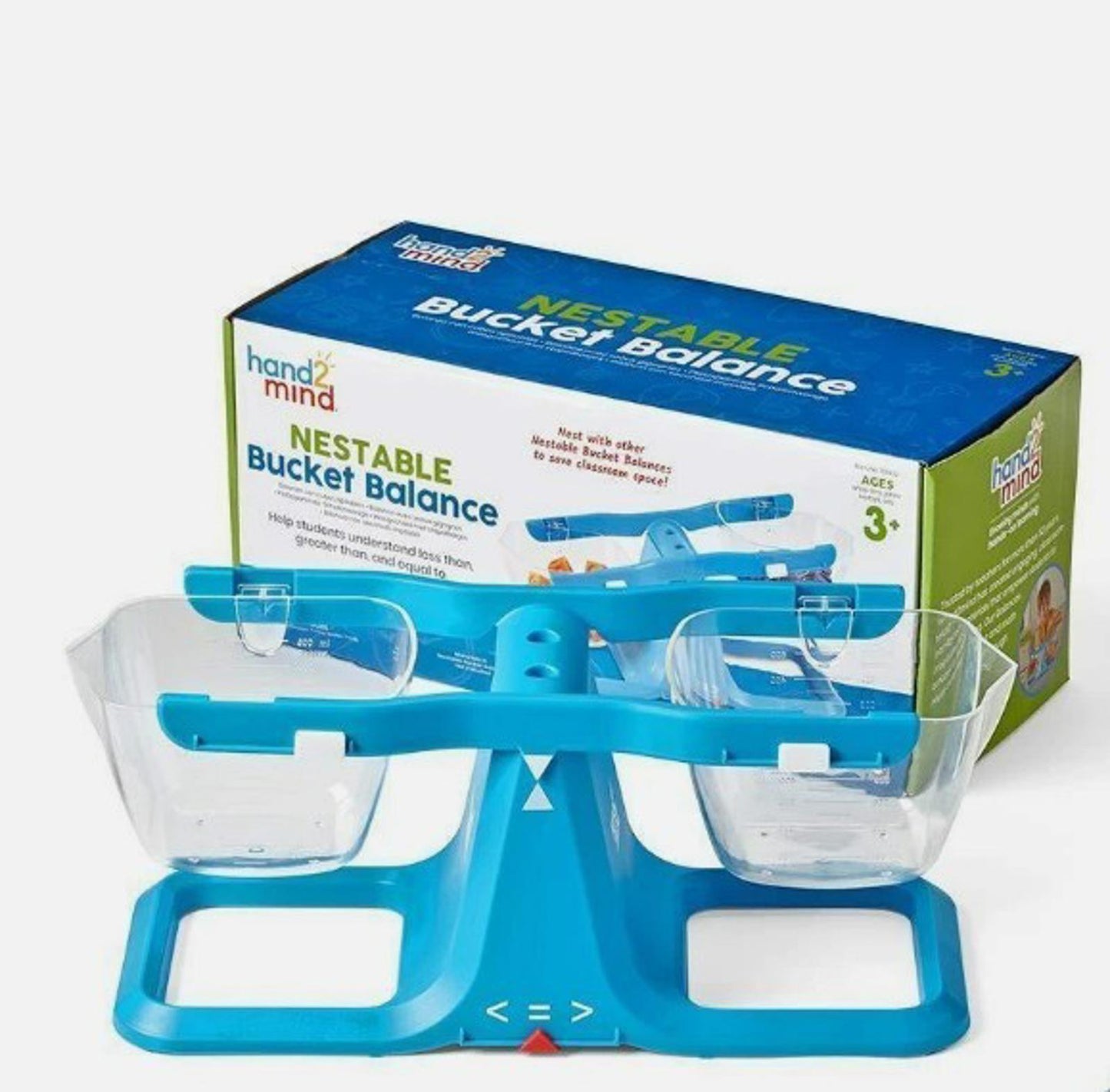 Nestable Bucket Balance features a blue design with clear buckets for weighing objects.