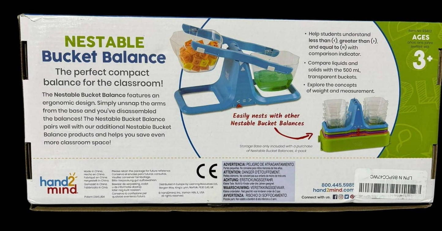 Nestable Bucket Balance, a compact balance scale for classroom use, featuring colorful buckets for weighing.