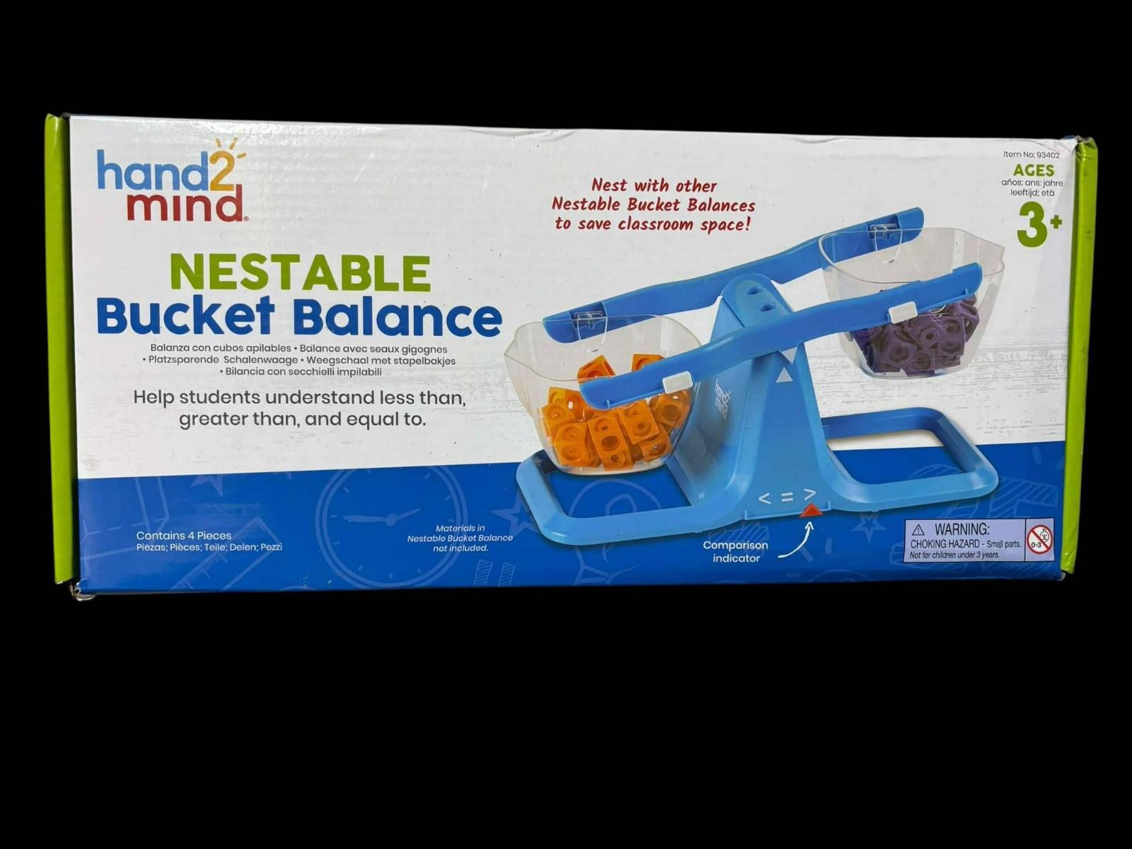 Nestable Bucket Balance by hand2mind, featuring a blue balance scale with colorful buckets for educational use.