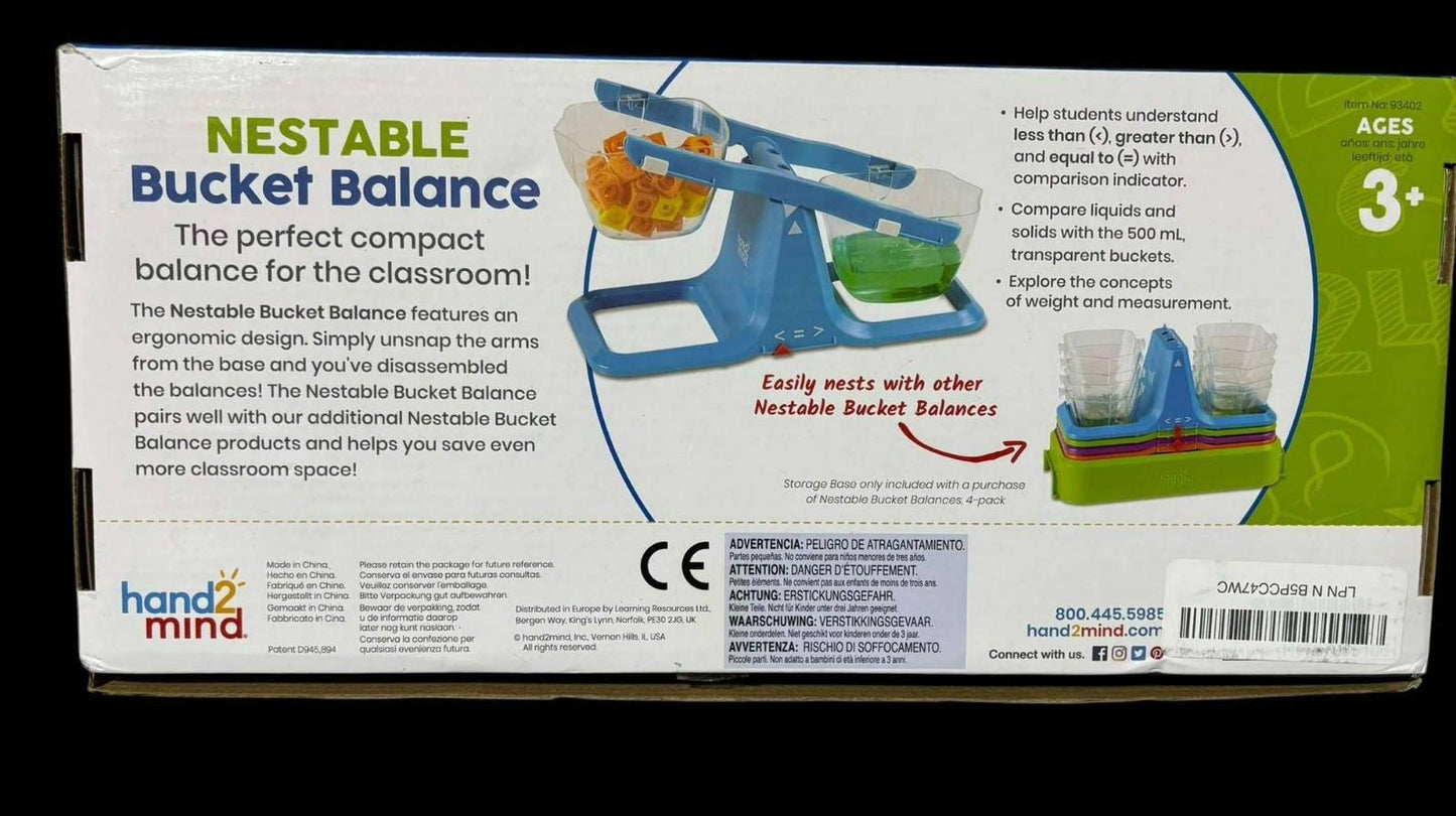 Nestable Bucket Balance features a compact design for classroom use, ideal for hands-on learning.