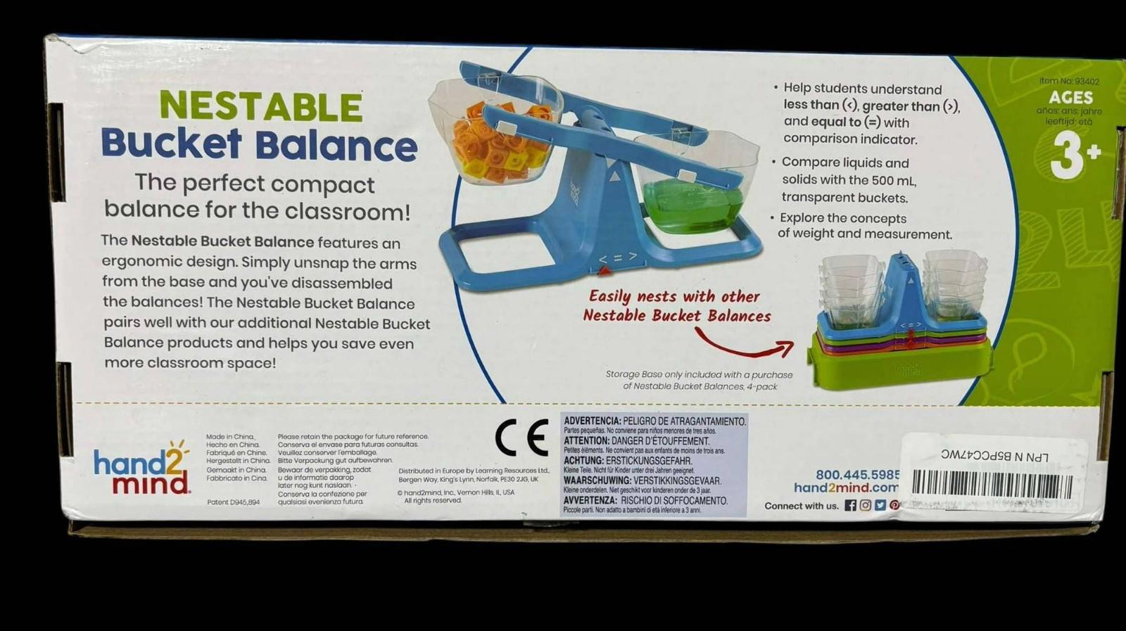 Nestable Bucket Balance features a compact design for classroom use, ideal for hands-on learning.
