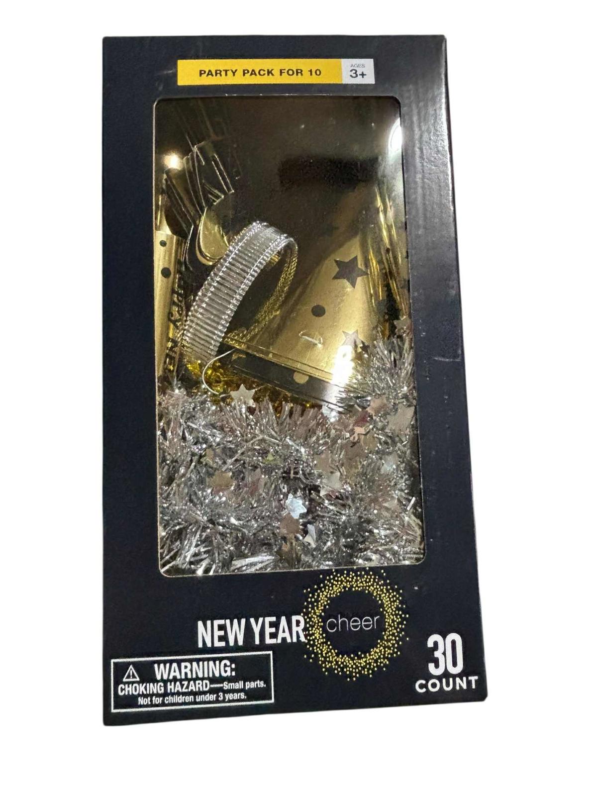 New Year Cheer party pack for 10 includes hats, noisemakers, and confetti.