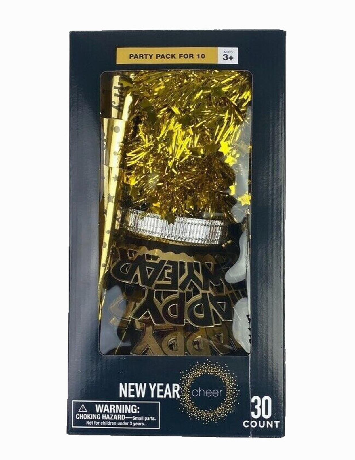New Year party pack for 10 featuring gold decorations and accessories.