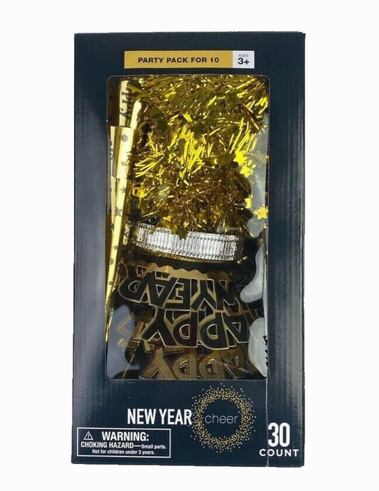 New Year party pack for 10 featuring gold decorations and accessories.