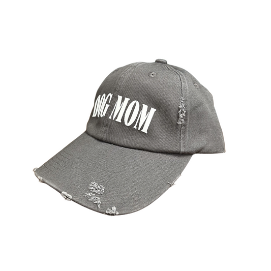 Dog Mom cap featuring a distressed gray design with bold white lettering.