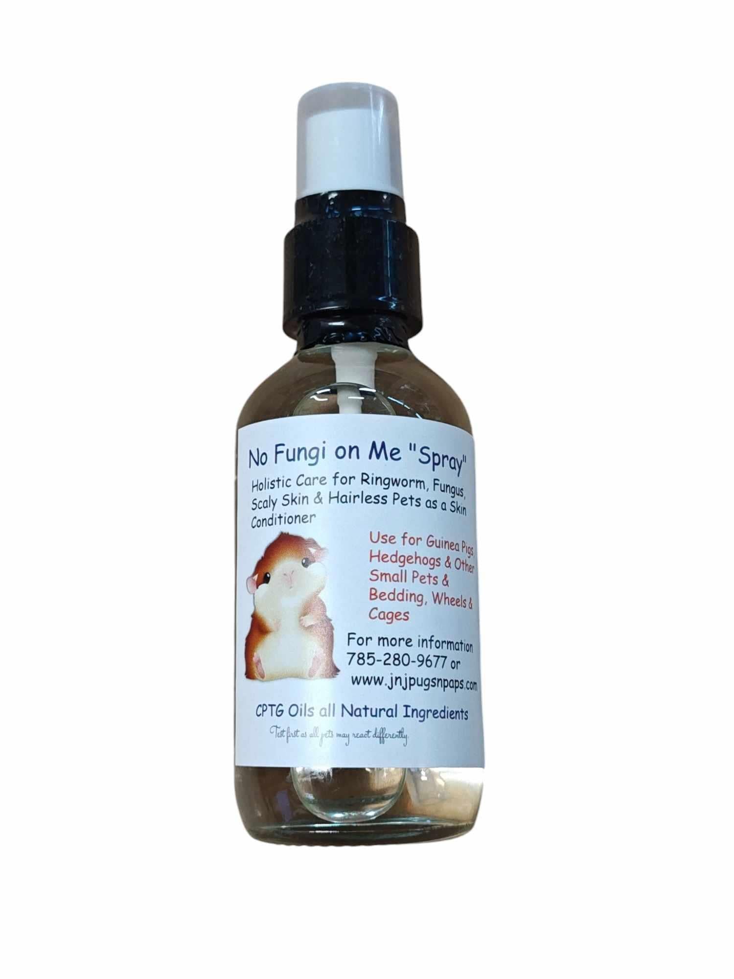 No Fungi on Me Spray for fungal care on skin and pets, featuring a clear bottle with a spray nozzle.
