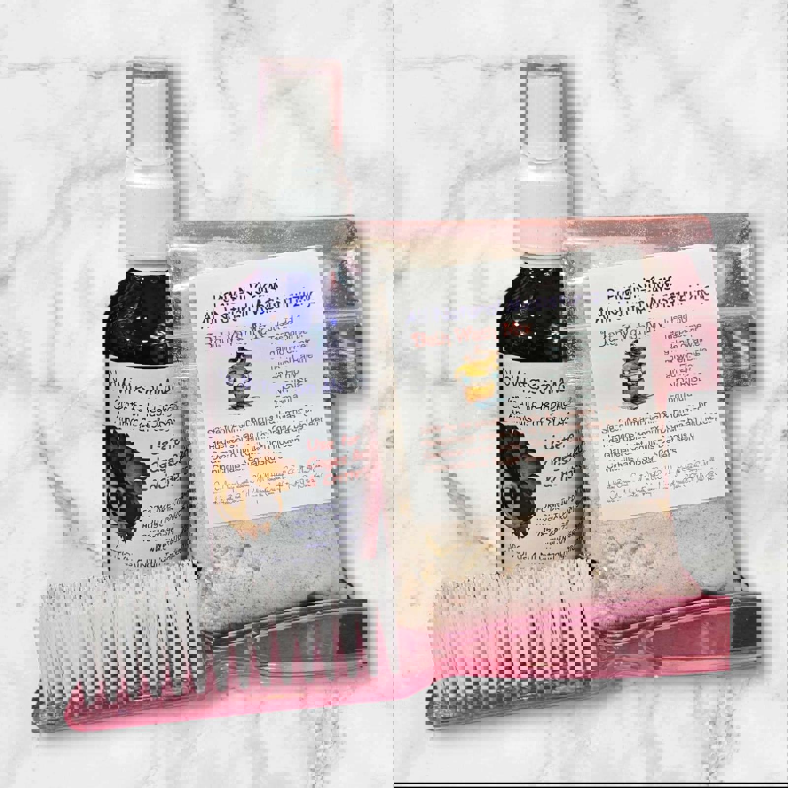 No Mites on Me spray and Paws-N-Claws moisturizing mix for pet care.