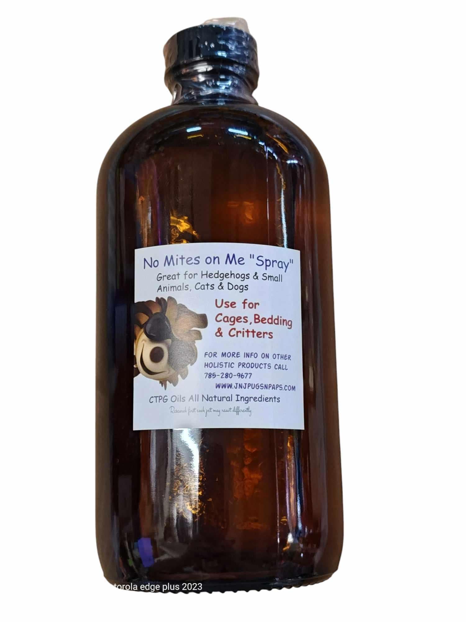 No Mites on Me Spray for hedgehogs, small animals, cats, and dogs in a brown bottle.